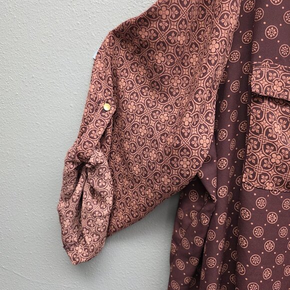 Cato Shirt Womens 26/28W Brown Burgundy Mixed Print Zip Front Roll Tab Plus Size - Picture 3 of 10
